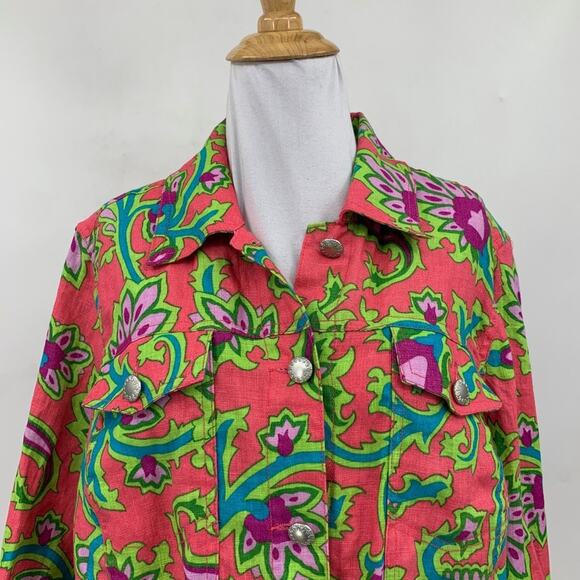 Lucy & Laurel Shirt Womens 1X Plus Bright Floral Linen Button Front Long Sleeve - Picture 3 of 10
